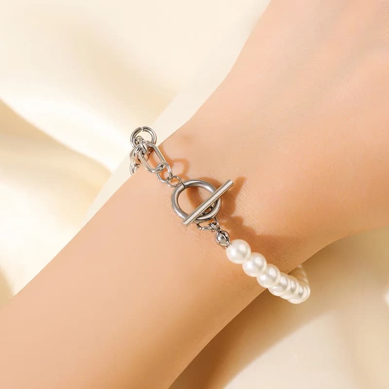 Bracciale in acciaio inox 316L color argento con perle