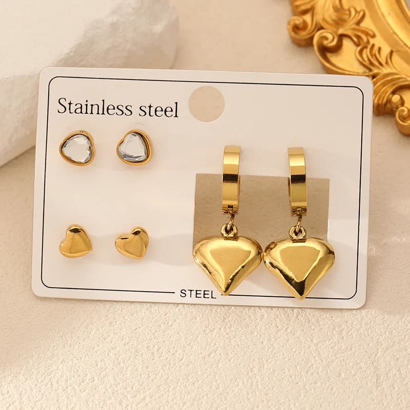 Set di Orecchini a Lobo e Pendenti a Cuore con Zirconi (3 Coppie)