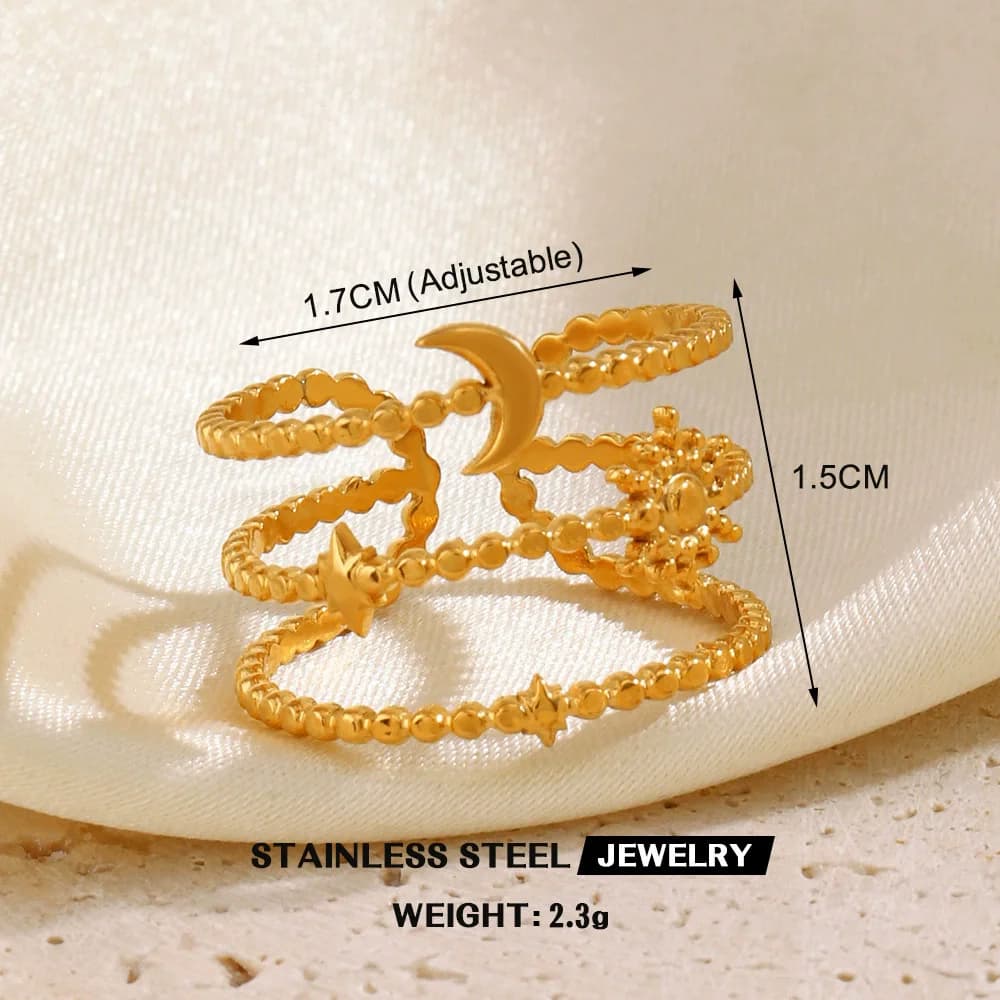 Anello regolabile Foglia di Ginkgo con Zirconia, Acciaio Inox