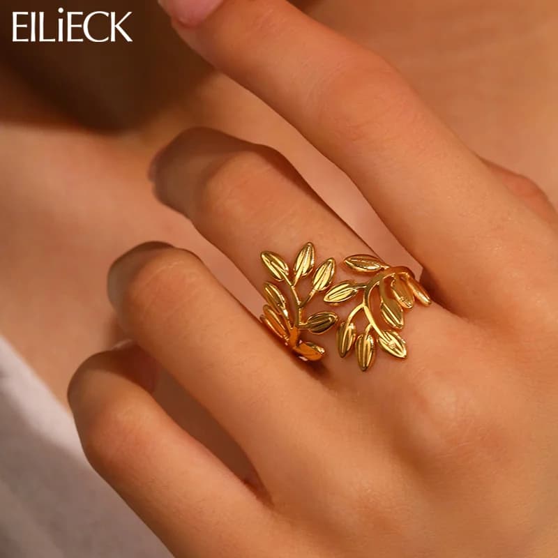 Anello statement in foglia acciaio inox color oro da donna