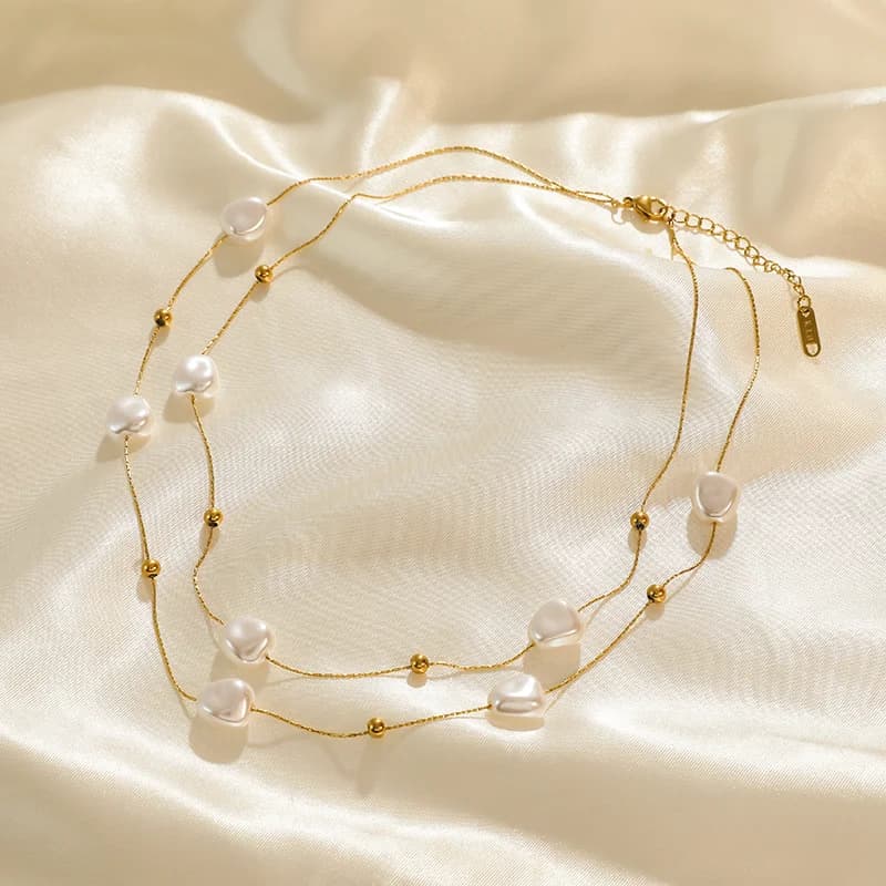 Collana doppia fila con perle irregolari in acciaio inox