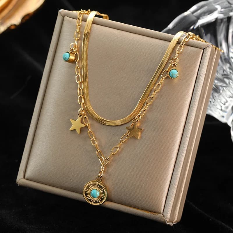 Collana con Pendente Stella a Sei Punte Pietra Blu in Acciaio Inossidabile