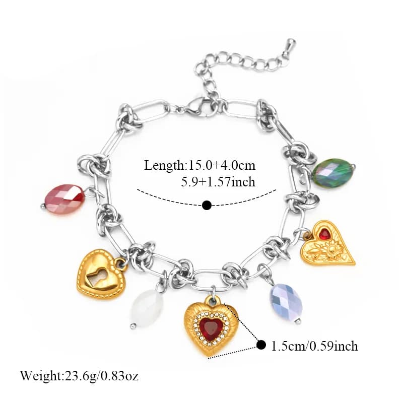 Bracciale rigido con ciondoli a cuore e zirconi in acciaio inox
