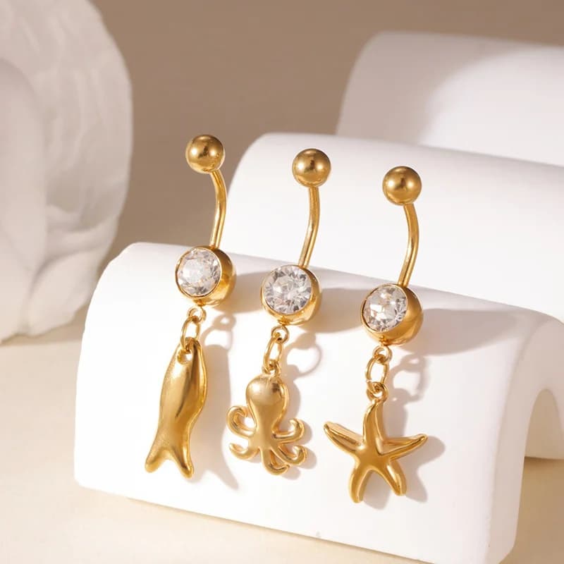 3 Pezzi Barbell da Ombelico Stella Marina e Polpo, Zircon Bianca