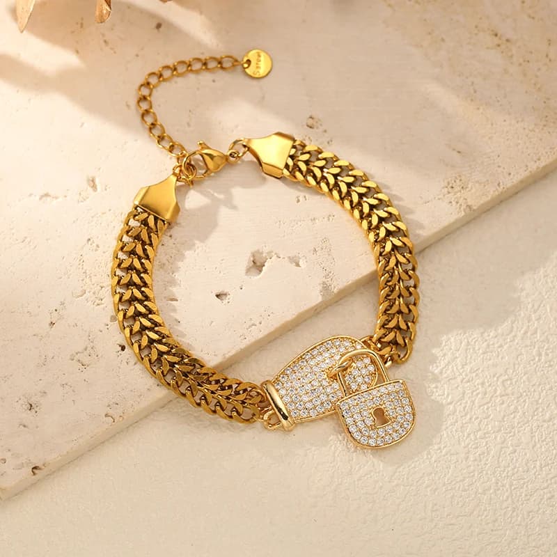 Bracciale Charm in Acciaio Inossidabile con Lucchetto e Strass