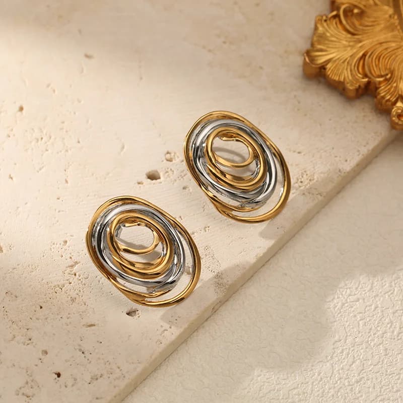 Orecchini a Bottone Geometrici Bicolore in Acciaio Inox 316L