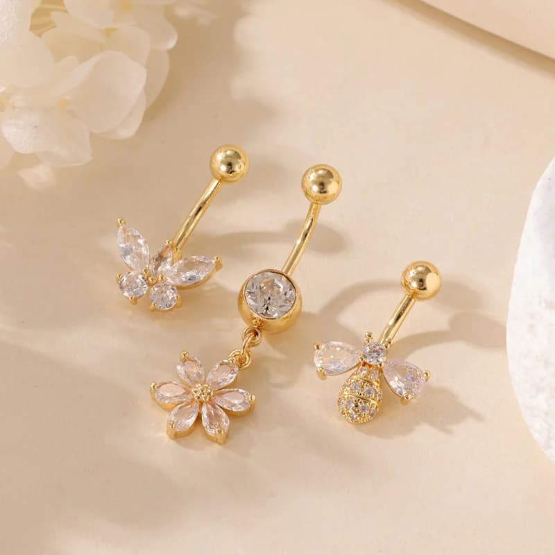 3 Pezzi Barbell da Ombelico Stella Marina e Polpo, Zircon Bianca