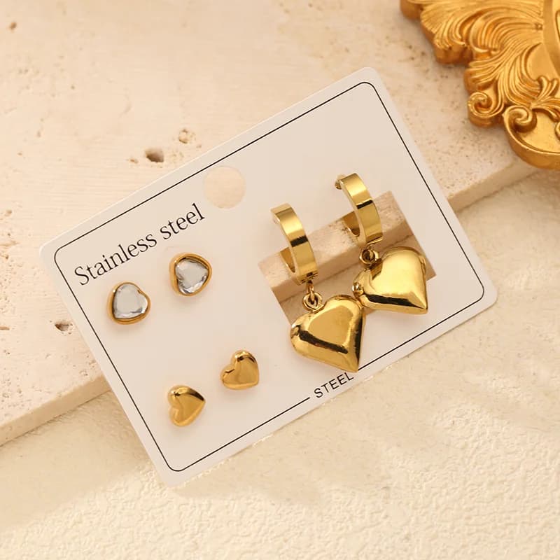Set di Orecchini a Lobo e Pendenti a Cuore con Zirconi (3 Coppie)