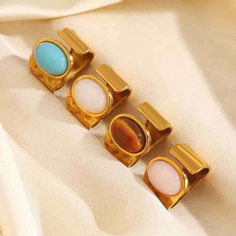 Anello regolabile vintage con pietra ovale in acciaio inox
