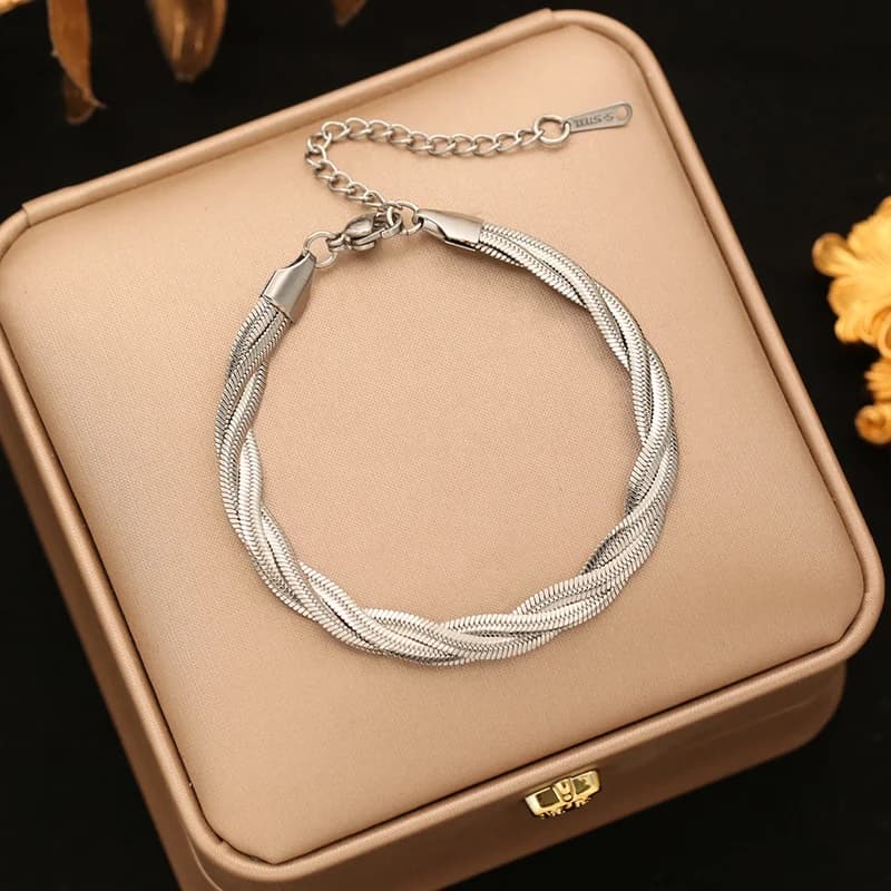 Bracciale rigido in acciaio inox a tre strati con catena incrociata