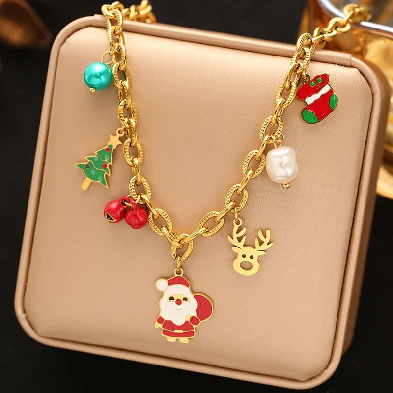 Collana con pendente natalizio pupazzo di neve, renna e albero