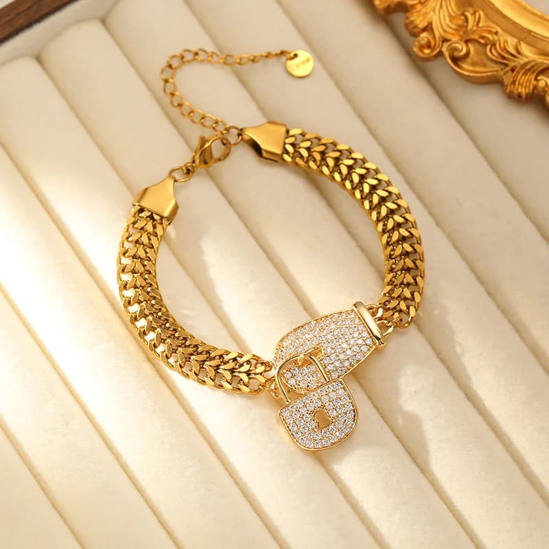 Bracciale Charm in Acciaio Inossidabile con Lucchetto e Strass