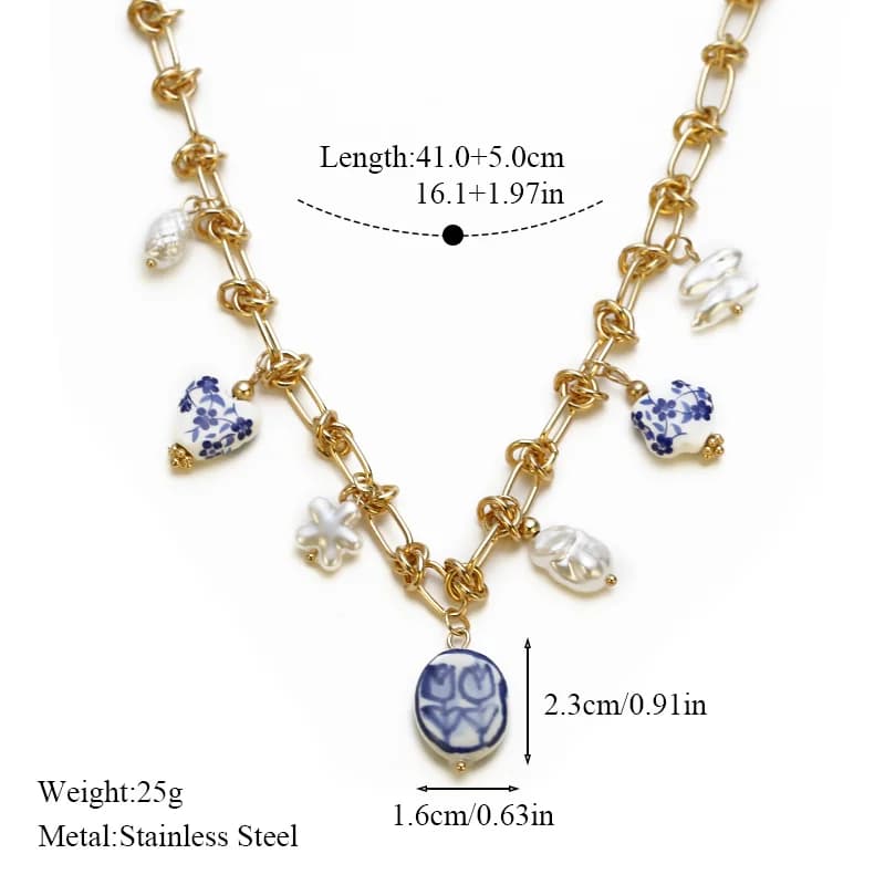 Collana a goccia con perla e celadon in acciaio inox 316L color oro