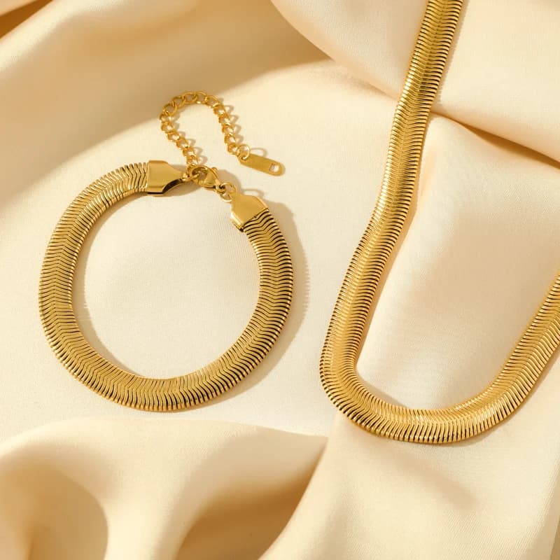 Set Collana e Bracciale Spesso a Catena Serpentina in Acciaio Inox 316L Color Oro