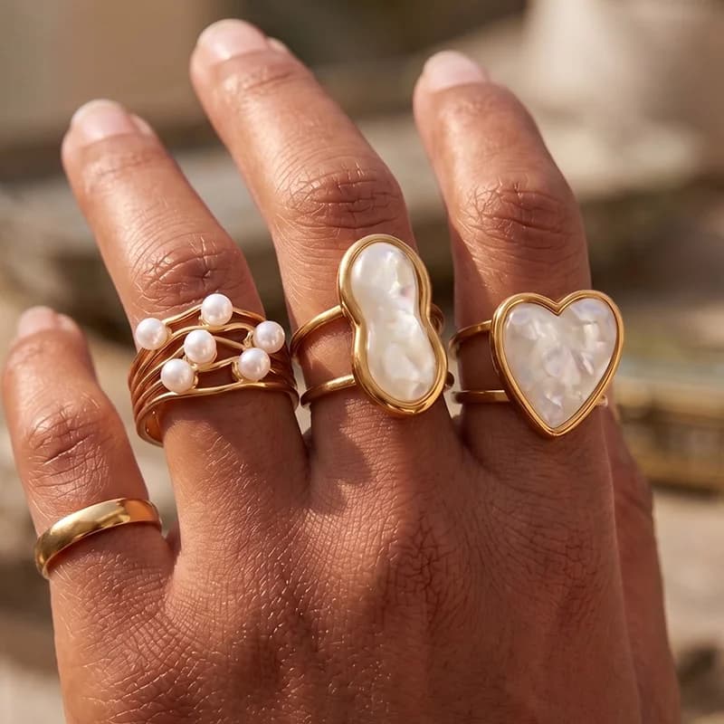 Anello Aperto Regolabile Cuore con Perla in Acciaio Inossidabile