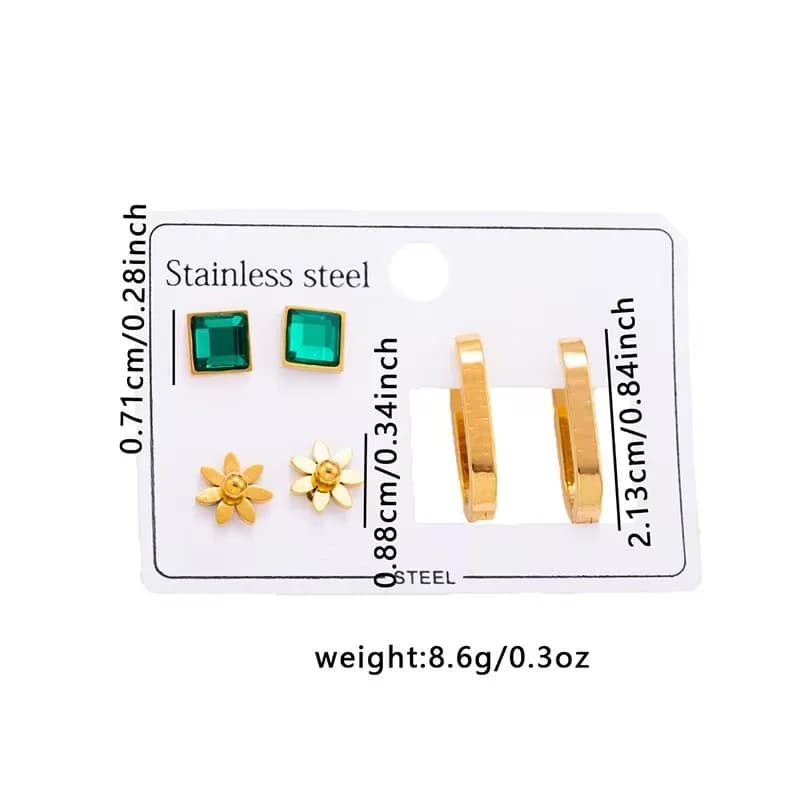 Set di Orecchini a Cerchio con Fiori in Zirconia Verde (3 Paia)