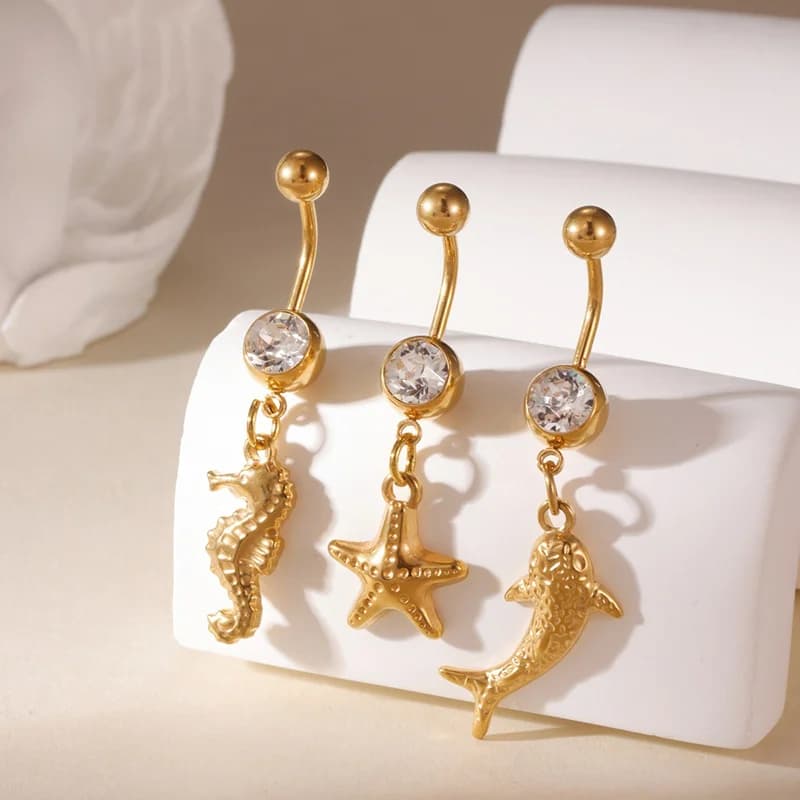 3 Pezzi Barbell da Ombelico Stella Marina e Polpo, Zircon Bianca