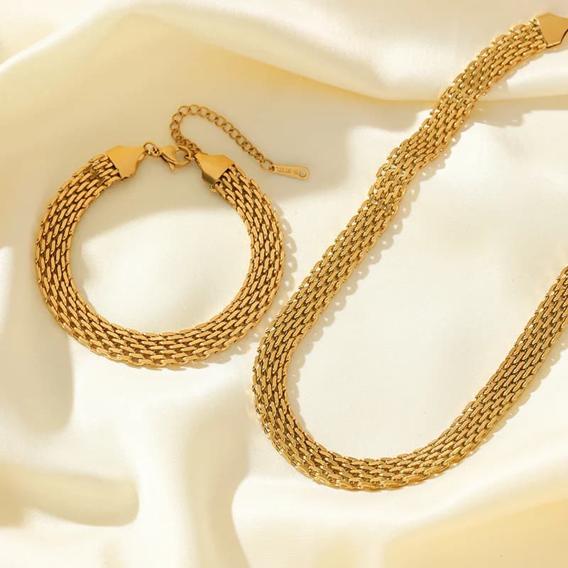 Set Collana e Bracciale Catena da Orologio in Acciaio Inox 316L Color Oro