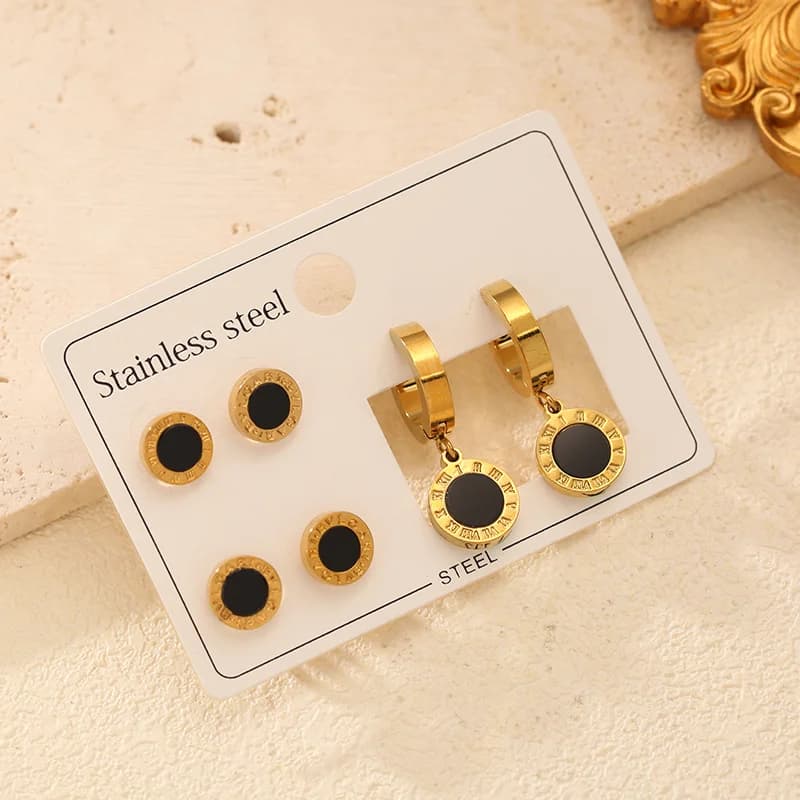 Set di Orecchini a Cerchio con Numeri Romani Neri (3 Paia)