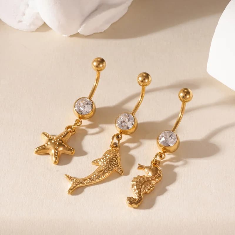 3 Pezzi Barbell da Ombelico Stella Marina e Polpo, Zircon Bianca