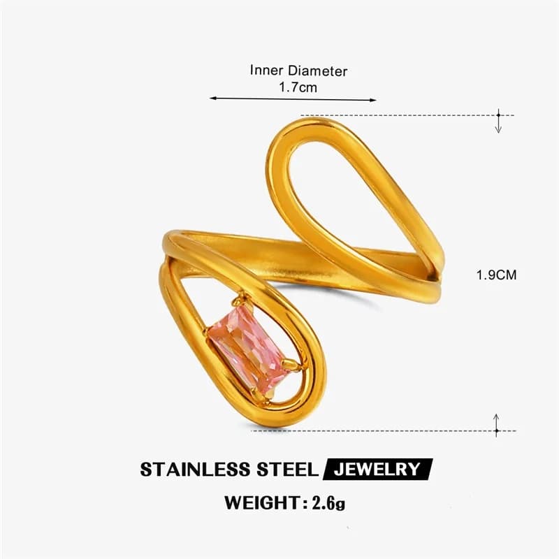 Anello regolabile in vetro zircon geometrico, placcato oro 18K