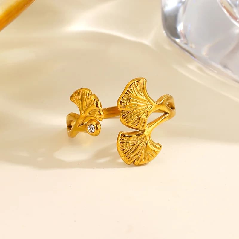 Anello regolabile Foglia di Ginkgo con Zirconia, Acciaio Inox