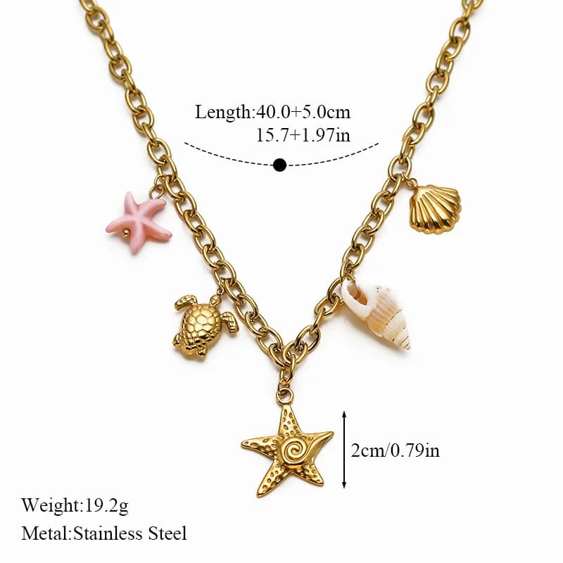 Collana con pendente stella marina e tartaruga in oro