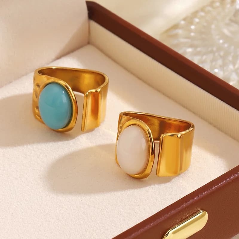 Anello regolabile vintage con pietra ovale in acciaio inox