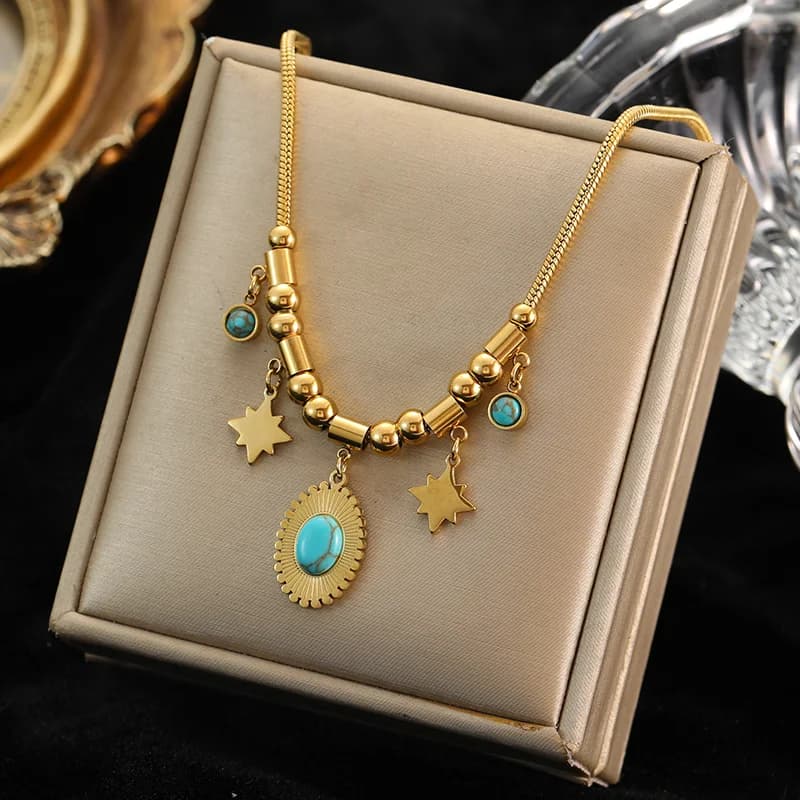 Collana con Pendente Stella a Sei Punte Pietra Blu in Acciaio Inossidabile