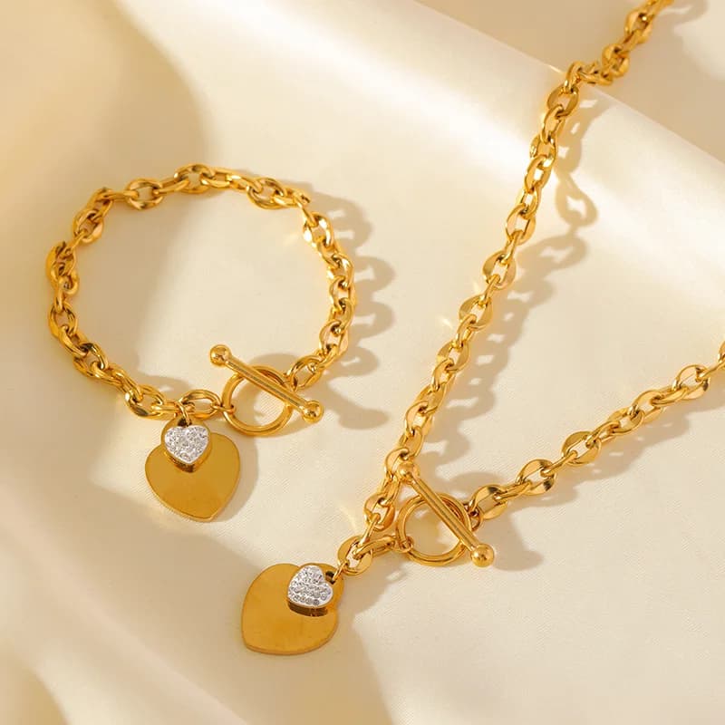 Set Collana e Bracciale Doppio Cuore in Acciaio Inossidabile 316L