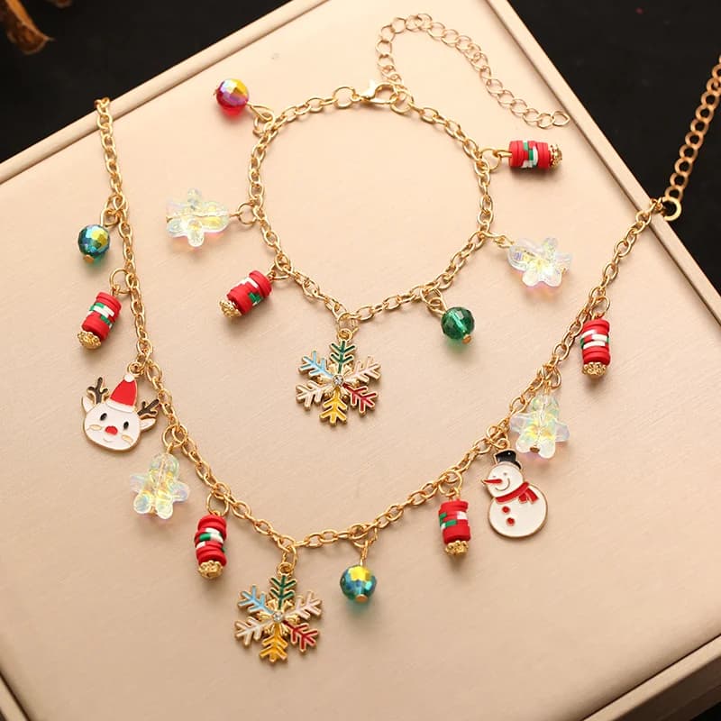Set Collana e Bracciale con Albero di Natale e Pupazzo di Neve
