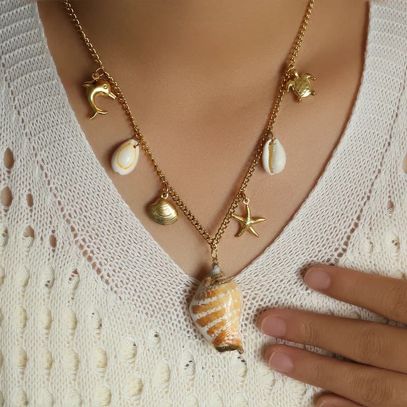 Collana con ciondolo Stella Marina e Conchiglia, Stile Oceano