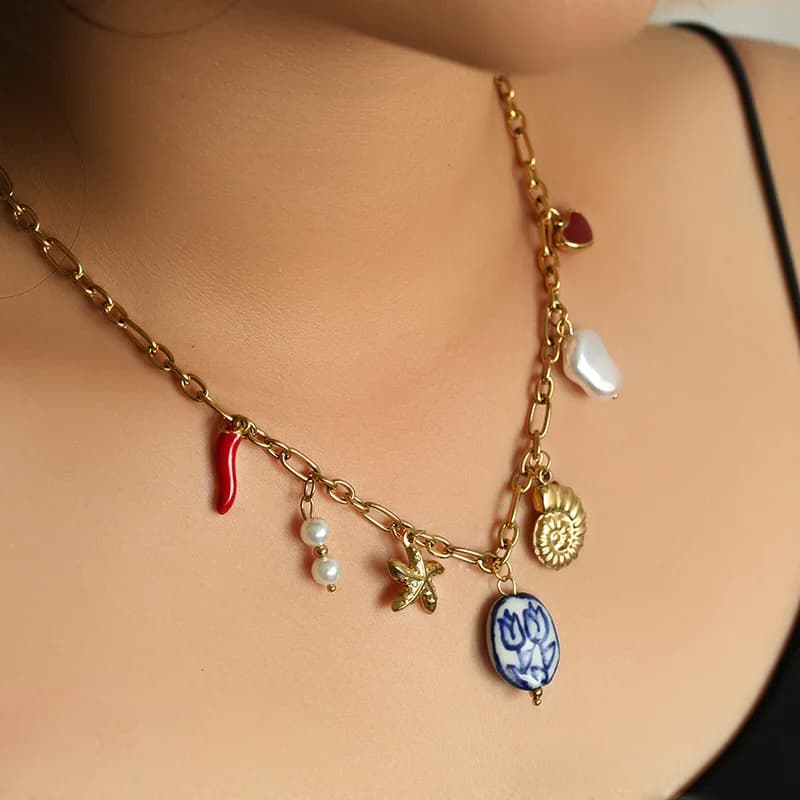 Collana con ciondolo Stella Marina e Conchiglia, Stile Oceano