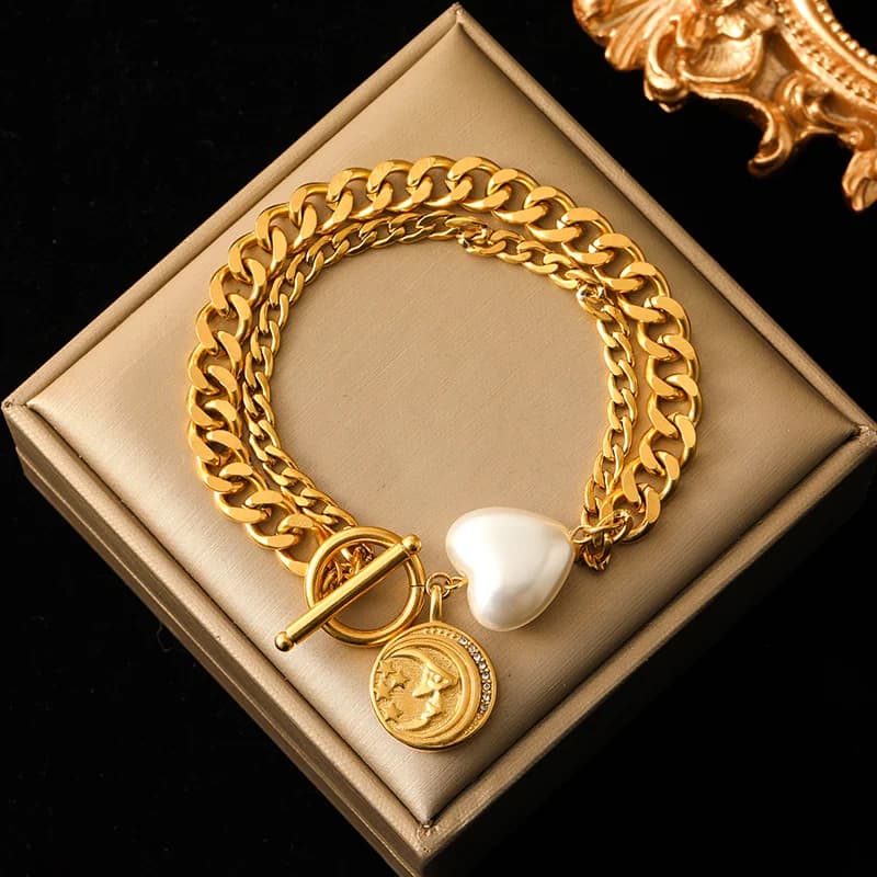 Bracciale Rigido a Catena Spessa Multistrato, Acciaio Inossidabile Dorato