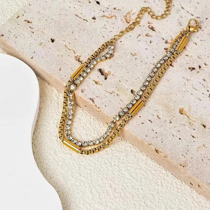 Bracciale in Acciaio Inox Dorato a Doppio Strato con Zirconi