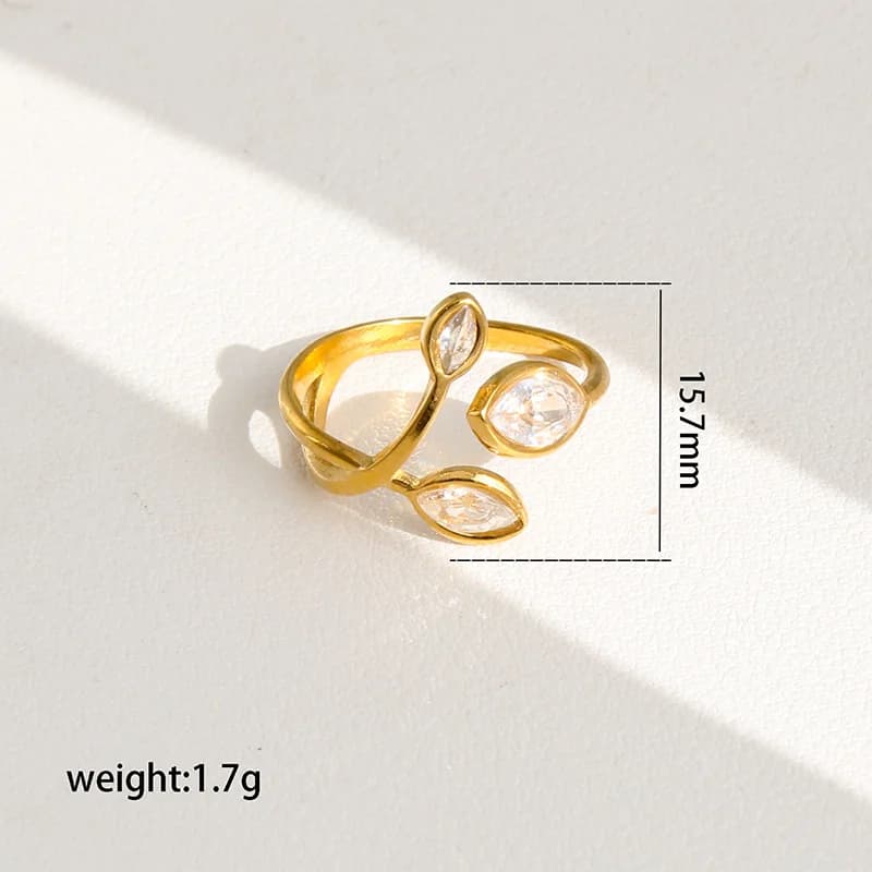 Anello Regolabile Foglia Scintillante in Zirconia e Acciaio Inossidabile