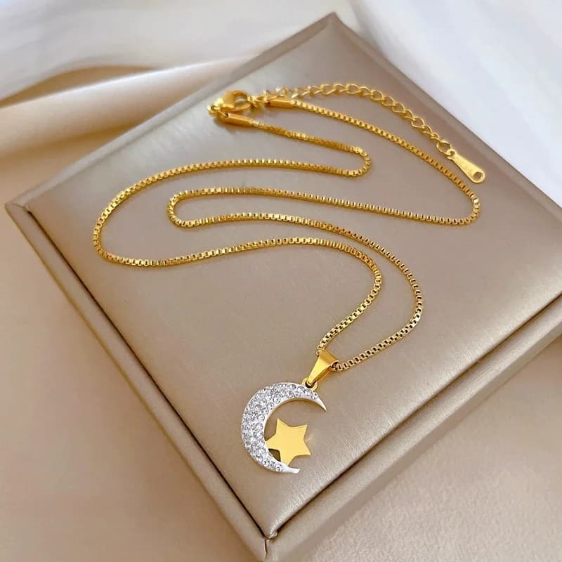 Collana Pendente Luna e Stella, Acciaio Inox