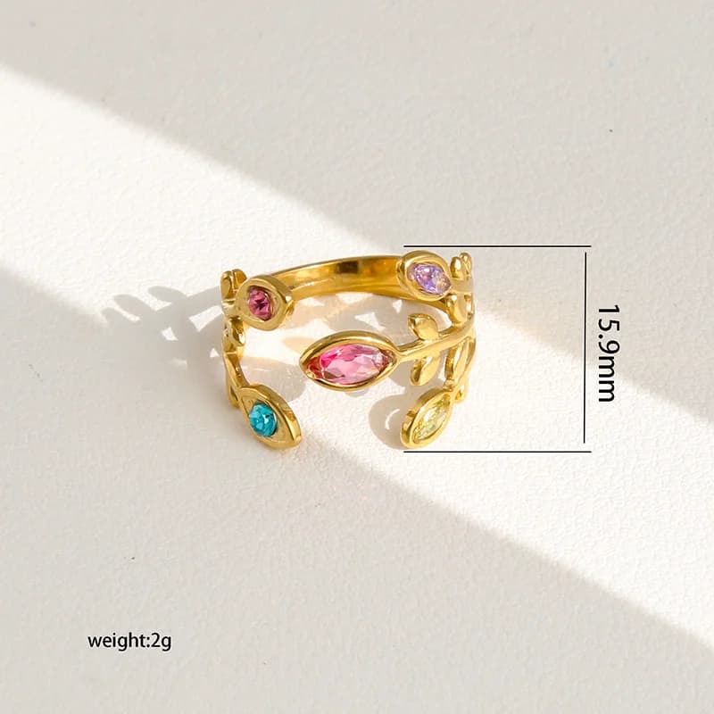Anello Regolabile Foglia Scintillante in Zirconia e Acciaio Inossidabile