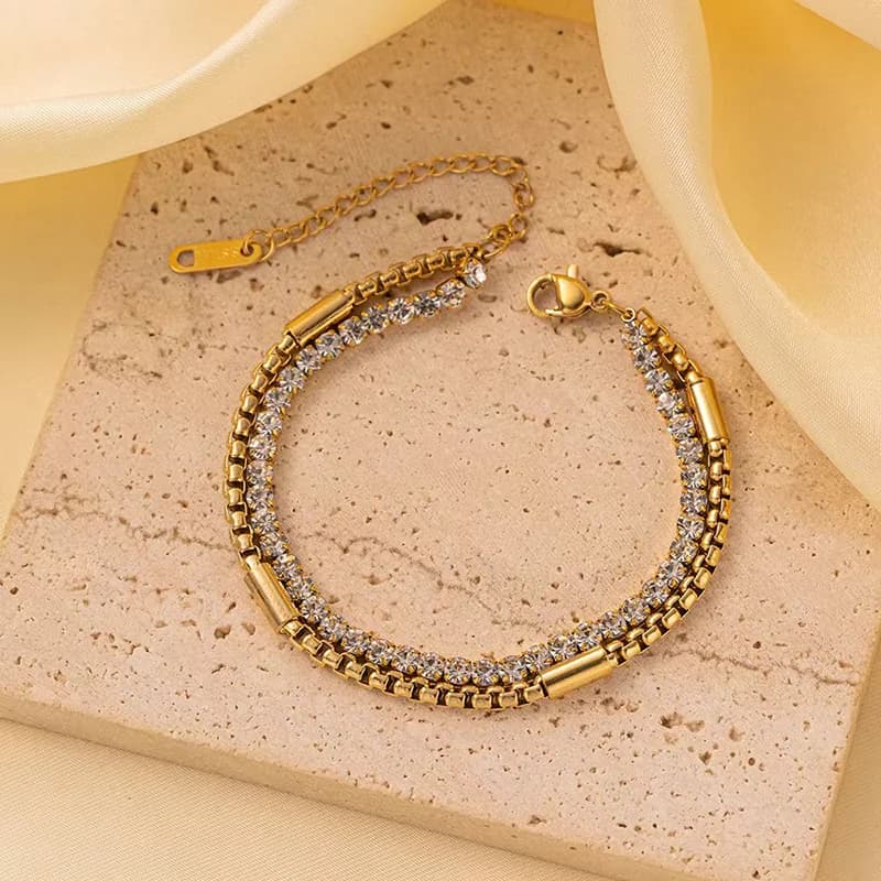 Bracciale in Acciaio Inox Dorato a Doppio Strato con Zirconi
