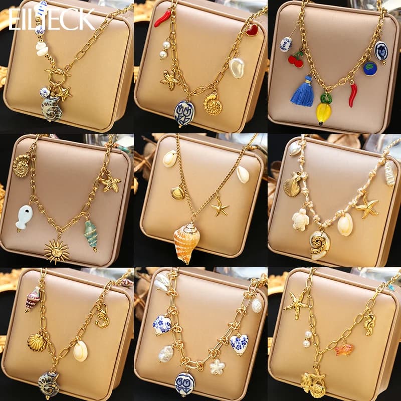 Collana con ciondolo Stella Marina e Conchiglia, Stile Oceano