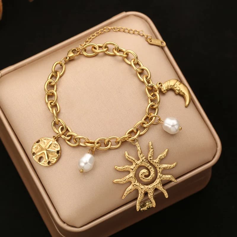 Bracciale con charm Cuore e Sole, Oro, Placcatura PVD