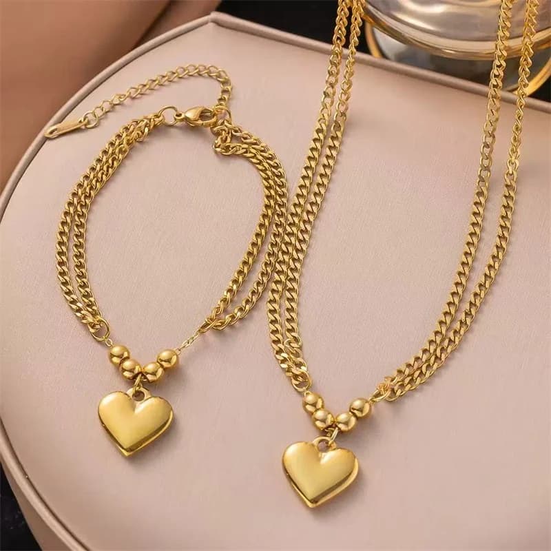 Set Collana con Ciondolo Cuore e Bracciale Placcato Oro