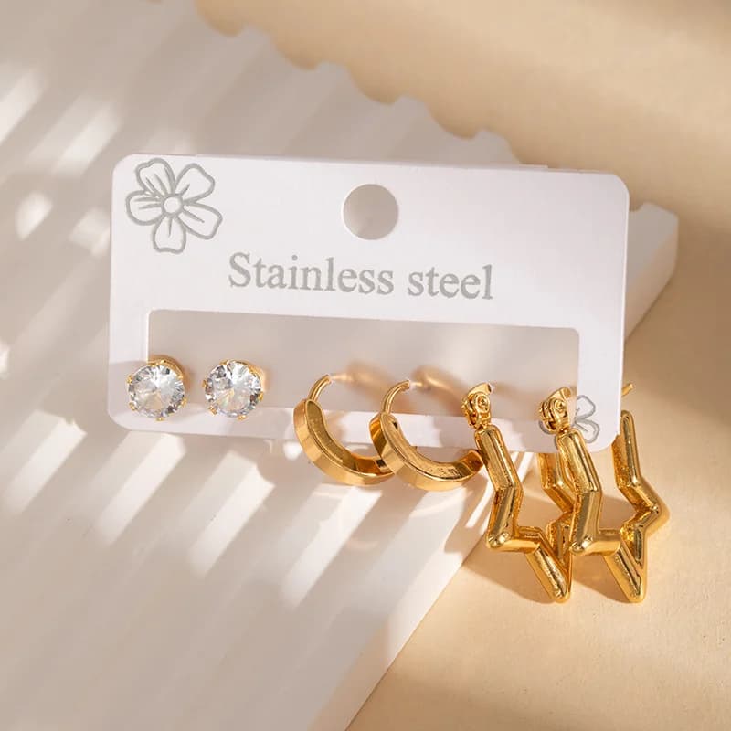 Set di Orecchini a Cerchio Tondi Color Oro (3 Coppie)