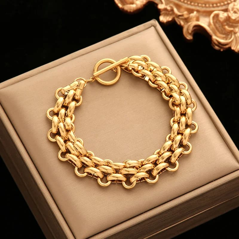 Bracciale Rigido a Catena Spessa Geometrica, Placcato Oro