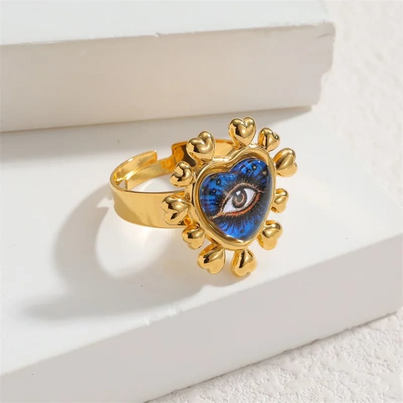 Anello Aperto Regolabile a Cuore e Fiore, Acciaio Inox