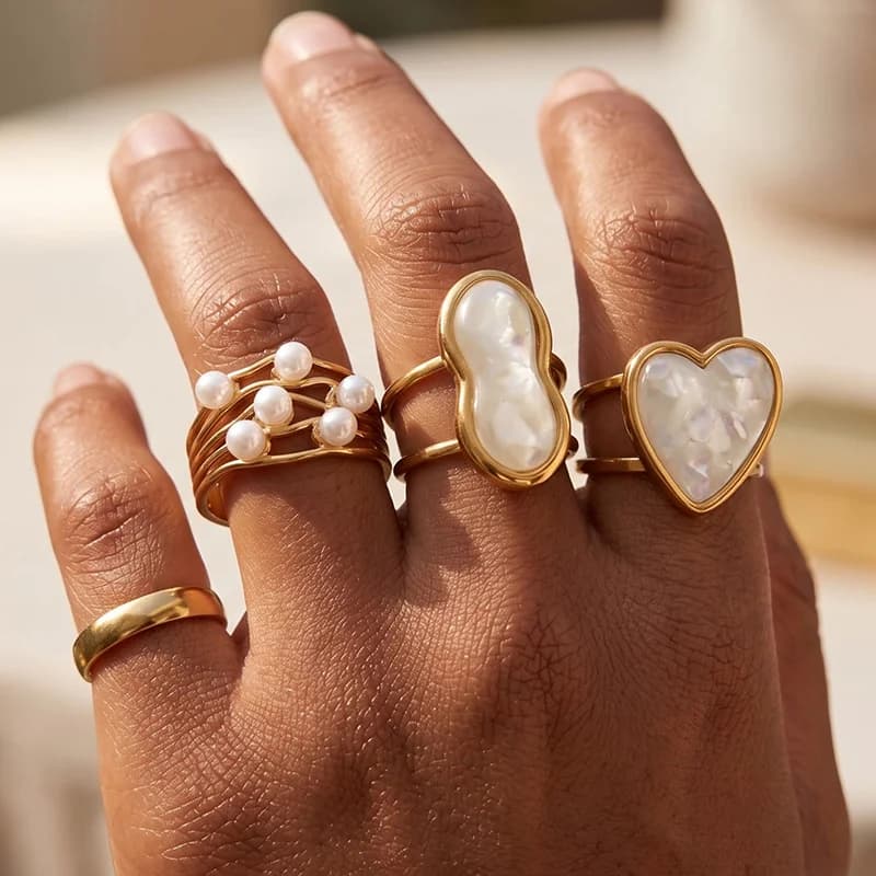 Anello Aperto Regolabile Cuore con Perla in Acciaio Inossidabile