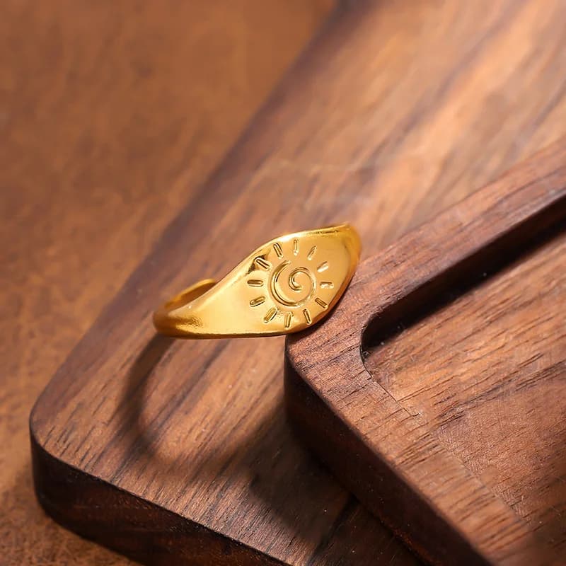 Anello Regolabile Sole Vintage, Acciaio Inossidabile Oro