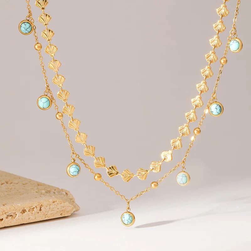 Collana Doppio Strato in Acciaio Inox con Turchese Artificiale