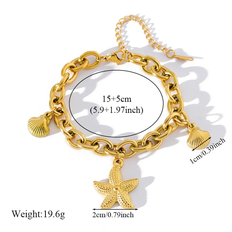 Bracciale Charm Stella Marina e Conchiglia, Placcato Oro