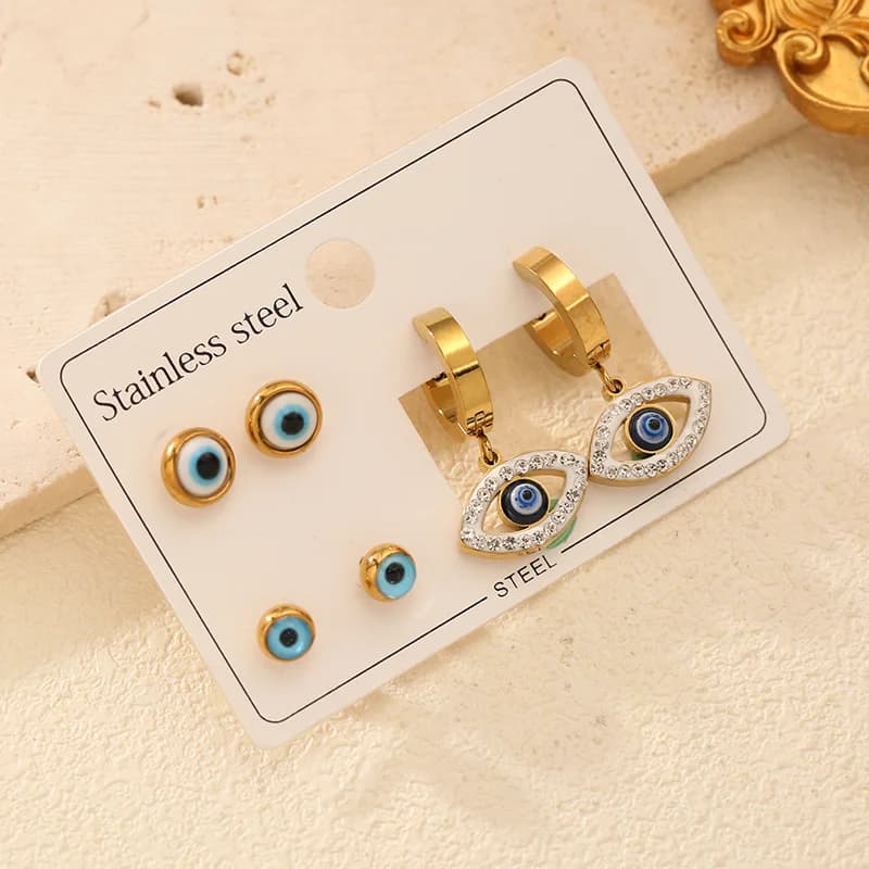 Set di Orecchini a Lobo con Occhio Blu in Zirconia Cubica - 3 Paia